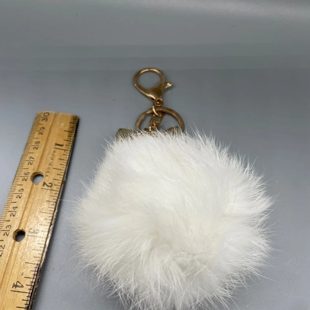 White Faux Fur Pom Pom Keychain Gold Fox Rhinestone Pearl Bag Charm Accessory